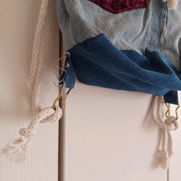 Handmade Original Design Upcycled Jeans Denim Drawstring Backpack Floral Lining - Picture 4 of 14